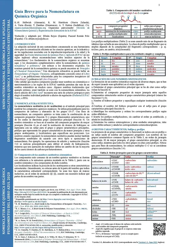 Primera página de la Guía breve para la Nomenclatura en Química Orgánica en español